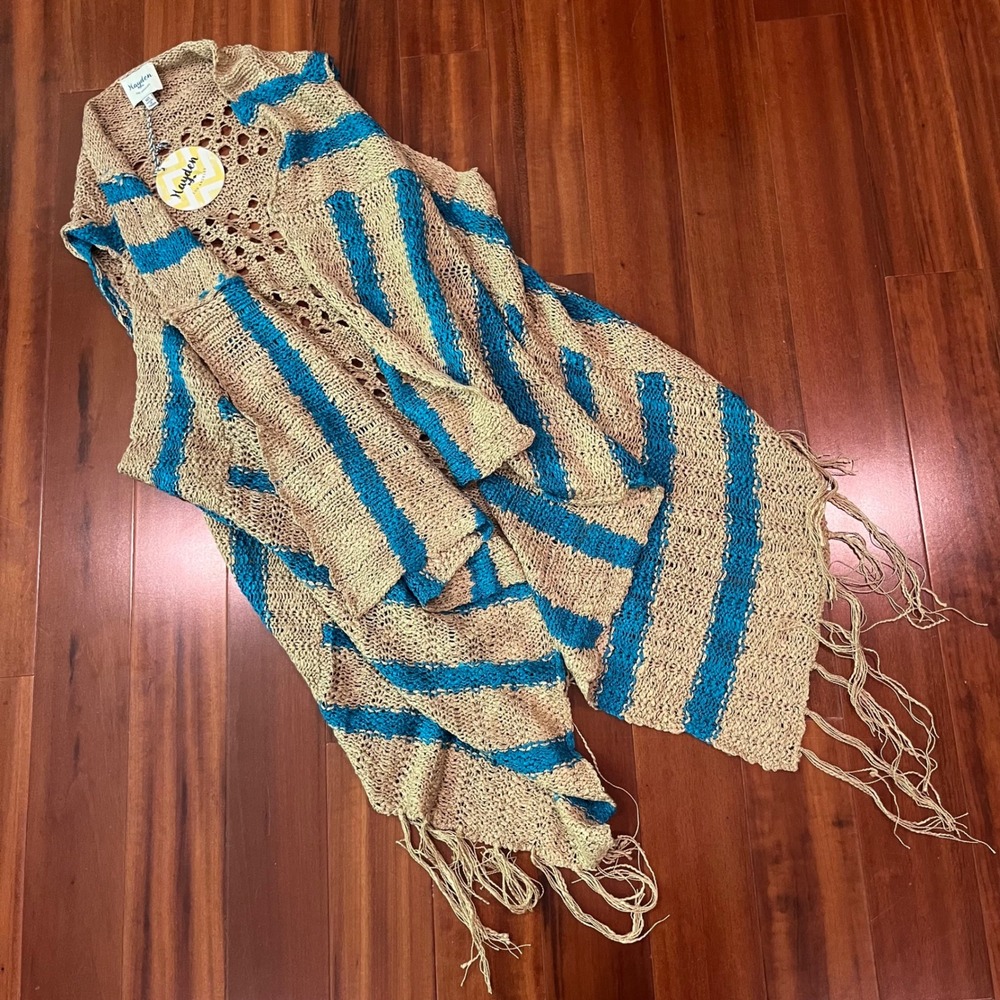 Boho Fringe Vest Cardigan Hayden LA Beige Blue Stripe Knit Festival New Sz M L